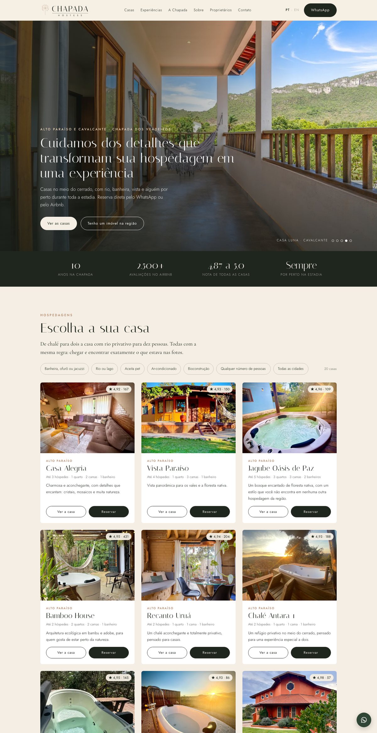 Site da Chapada Hostess, com as casas e o filtro