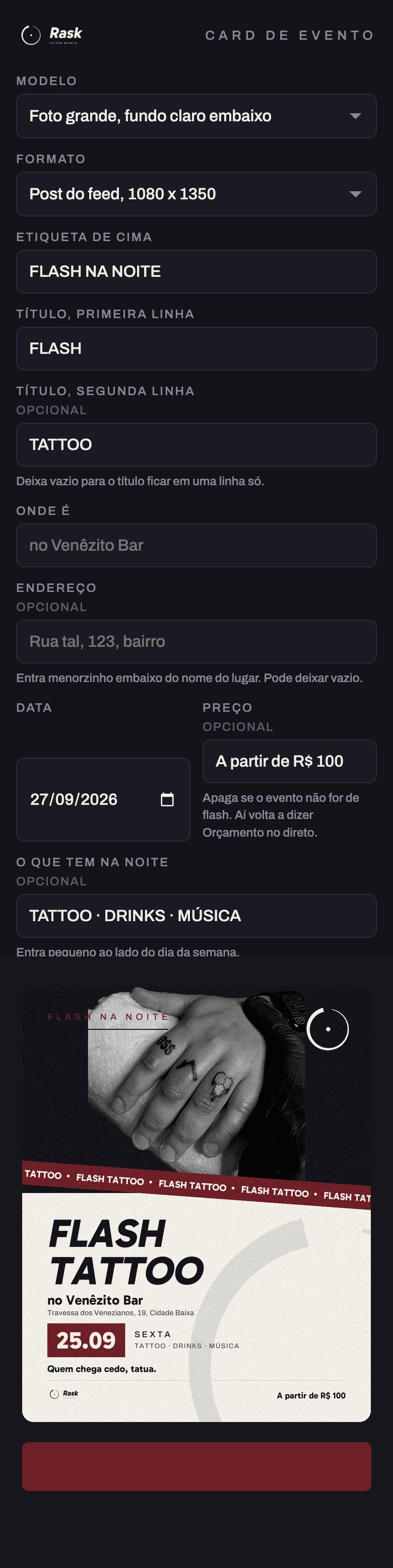 Montador do card de evento, no celular
