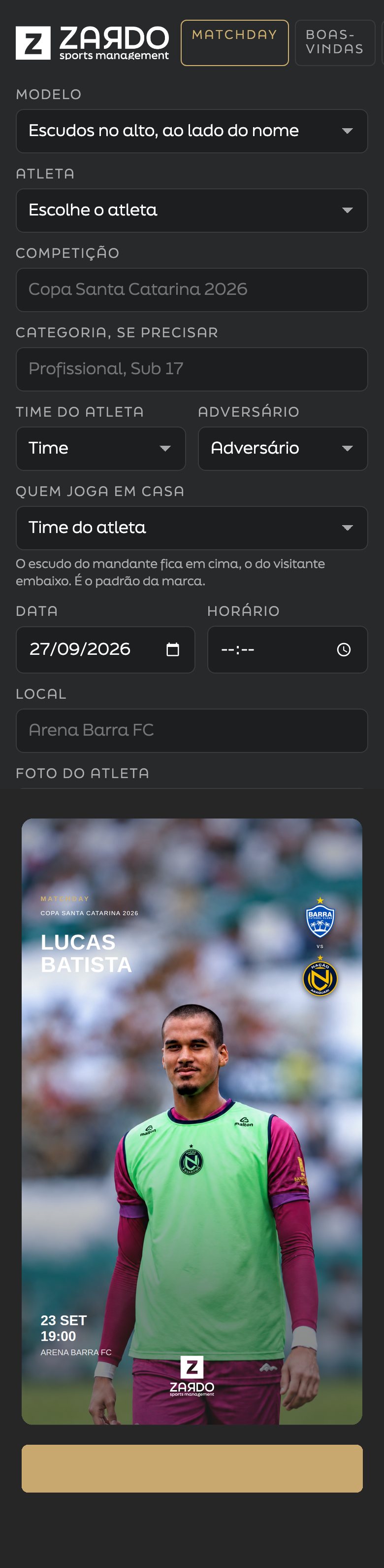 Montador de dia de jogo, no celular